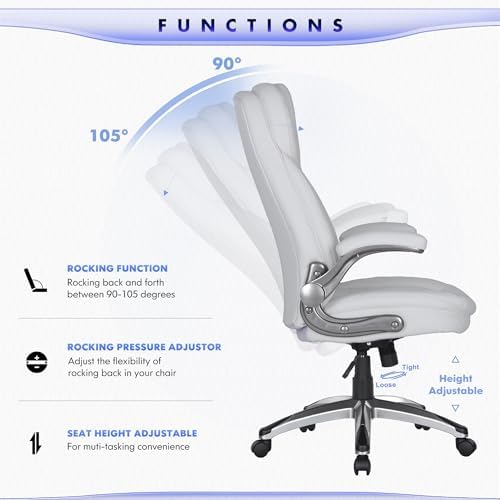 COLAMY High Back Executive Office Chairs Set of 2, Ergonomic PU Leather Desk Chairs with Flip-Up Armrests, Adjustable Height, Lumbar Support, Comfortable Computer Chairs for Home Office, White - Image 5