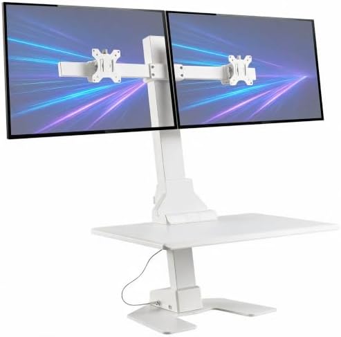 Mount-It! Electric Standing Desk Converter, Motorized Sit Stand Desk Riser with Dual Monitor Mounts, Adjustable Height Ergonomic Workstation with 28” Wide Platform and Tablet/Phone Slot, White by Mount-It
