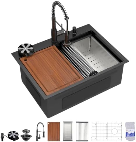 Dcolora 28"x21.2" Matte Black Drop In Kitchen Sink Workstation with Faucet by Dcolora