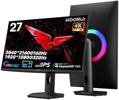 KOORUI 27" 4K QD-Mini LED Gaming Monitor, Dual-Mode (UHD 160Hz/FHD 320Hz) by KOORUI