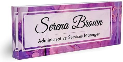 Customized Clear Acrylic Thick 8x3" Desk Name Plate Block with Personalized Logo - Professional Office Decor - Customized Acrylic Plate Gift for Teacher Co-workers (Purple Dream) by ClickedCraft