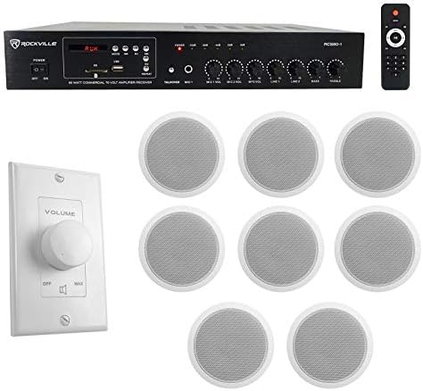 Rockville RCS80-1 70V Amplifier with 8 CCL6T White Ceiling Speakers by Rockville