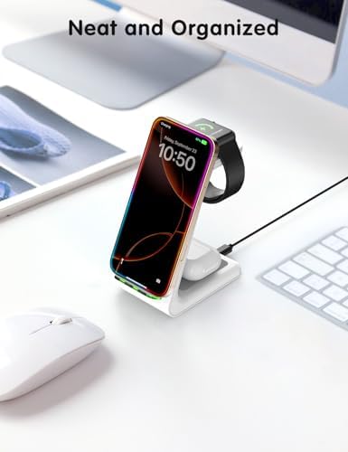 Charging Station for iPhone and Apple Watch: 3 in 1 Wireless Phone Charger Stand for iPhone 17 16 15 14 13 12 11 Pro Max & AirPods, Bedside Nightstand Docking - Image 3