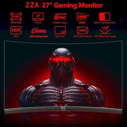 ZZA 27 Inch Curved Monitor 1800R FHD 1080p 200Hz, 27 Inch Gaming Monitor 1ms GTG VA 4000:1 120% sRGB, AMD FreeSync HDR Low Blue Light, HDMI DisplayPort VESA, for FPS Racing - Image 3