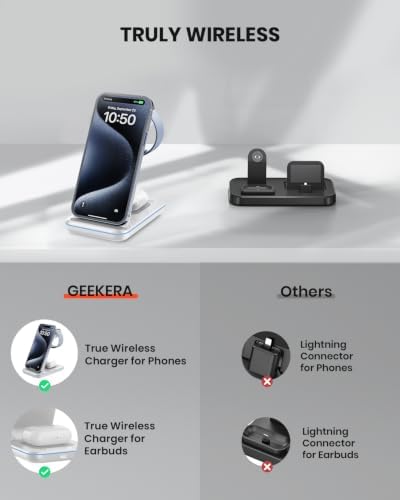 GEEKERA Wireless Charger, 3 in 1 Wireless Charging Station for iPhone Air/17/16/15/14/13/12/11/Pro Max/X/8, Phone and Watch Charger Stand for Apple Watch Ultra 3-2/11-2/SE, AirPods Pro/4/3/2, Silver - Image 6