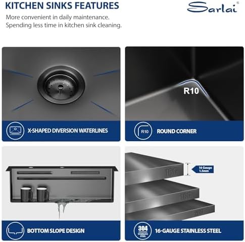 Sarlai 31 Inch Black Waterfall Kitchen Sink Drop In - 31x20 Inch Drop In Waterfall Sink Ledge Workstation Black Stainless Steel 16 Guage Single Bowl Kitchen Sinks Basin - Image 6