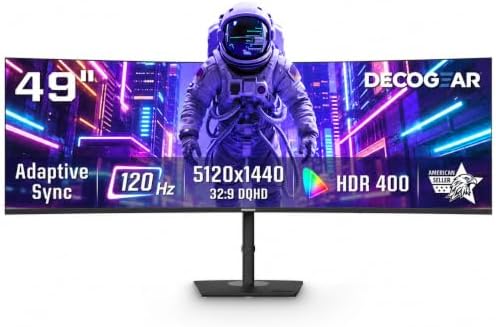 Deco Gear 49 Inch Curved Ultrawide Monitor, 5120x1440 Dual QHD 32:9 1500R VA Display, HDR400, 120Hz, Adaptive Sync, 1ms MPRT, USB-C 65W PD, KVM, PIP/PBP, Gaming & Workstation Setup, for PC & Laptop by DecoGearUSA