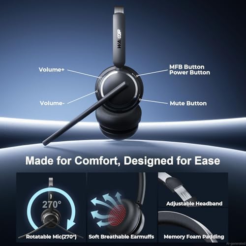 Wireless Headset with Mic for Work, USB A/C Dongle, Bluetooth 6.0 Headset with AI Noise Cancelling Microphone, Wireless Headphones with Mic Mute & 65H, Wireless Headset for PC/Computer/Laptop/Teams - Image 6