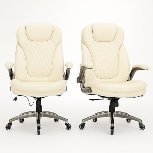 COLAMY Ergonomic Office Chair, Set of 2 Boxes, High Back Leather Desk Chair with Flip-up Arms, Adjustable Height & Rocking Function, Silent Wheels, Ivory Executive Computer Chair, 300lbs Capacity by COLAMYHOME