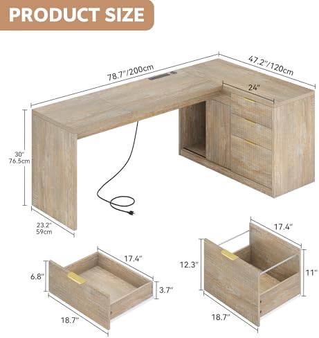 78.7" L-Shaped Executive Desk with Drawers and File Cabinet Farmhouse Large Office Desk with Power Outlets & Sliding Door Storage, Corner Computer Desk for Home Office Gaming - Image 2
