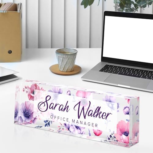 Custom Name Plate for Desk - Desk Name Plate Personalized - Acrylic Office Desk Accessories - Appreciation Gifts for Coworkers Employee Teacher Staff Boss - Office Decor for Women (Purple Flowers D) - Image 4