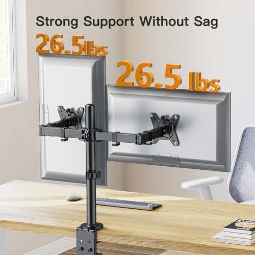 ErGear Dual Monitor Desk Mount for 13″–34″ Monitors up to 26.5 lbs, Fully Adjustable Monitor Stand Holds 2 Computer Screens, Heavy-Duty Dual Monitor Arm with C-Clamp & Grommet Base, Black, EGCM13B - Image 3