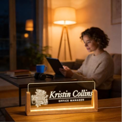 Personalized Light Up Acrylic Desk Name Plate - Custom Name Plate for Desk with Walnut Wood Base - Appreciation Office Gifts for Employees, Teacher, Social Worker (Textbook) - Image 4