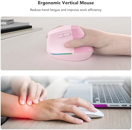 KYSONA Wireless Ergonomic Mouse, Vertical Mouse, Bluetooth Ergo Mouse, Quiet Click, 5 Level Adjustable DPI(800/1200/2400/2400/4000), Rechargeable 2.4G Mice Computer, PC, Mac, Laptop, Pink - Image 3