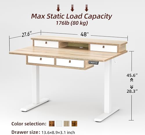 TIQLAB 48 * 28 Inch Standing Desk with Four Drawers, Electric Sit Stand Table, Stand Up Desk Adjustable Height with Storage Shelf, Splice Board, Maple - Image 3