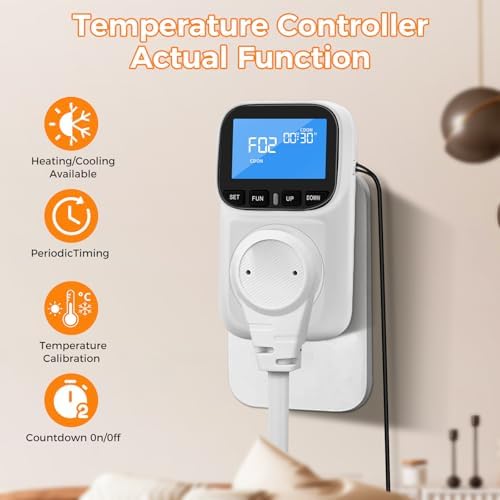 Diymore 1800W Plug in Digital Thermostat Temperature Controller Electric Thermostat Outlet Heating Cooling Control Mode Timer 120V 15A -104 ℉~210 ℉ Greenhouse with Thermostat Pool Thermometer - Image 2