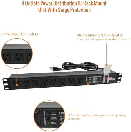 Tecmojo 1U Rack-Mount Horizontal 8-Outlet PDU, UL Listed PDU with Surge Protection LED Indicators 6ft Cord Power Distribution for IT and Network Server Racks(SKU# 13110801) - Image 4
