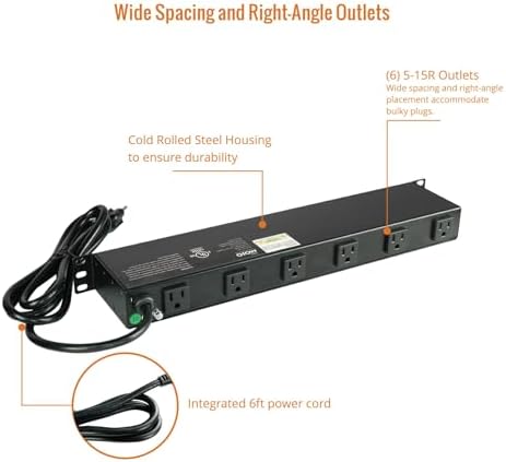Tecmojo 1U Rackmount Network-Grade PDU, 12 Wide-Spaced Right Angle Outlets, Circuit Breaker 12A (UL Certified 12A) 6ft Cord w/ 5-15P Plug, Black(SKU# 13111201) - Image 5