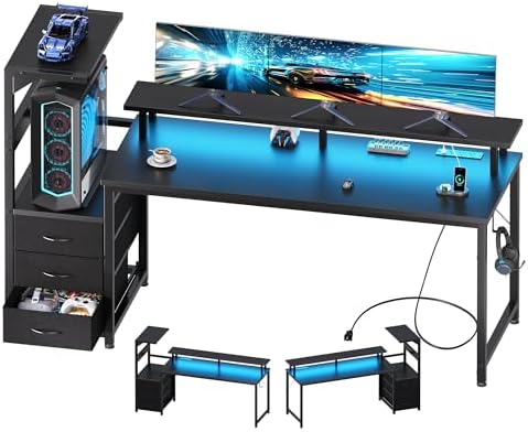 DUMOS 59" Gaming Desk with USB Charging Ports & LED Lights, Black by DumosLifestyle
