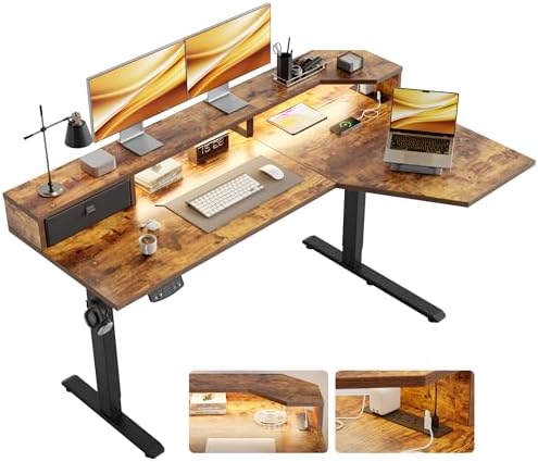 Agilestic 63*35 Inch L Shaped Standing Desk with Shelf & Led& Outlet, Brown by Agilestic