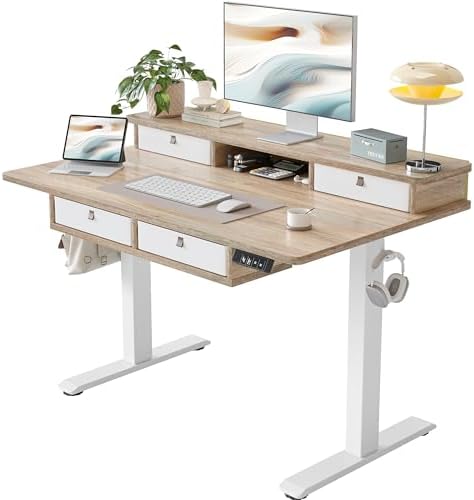 TIQLAB 48 * 28 Inch Standing Desk with Four Drawers, Electric Sit Stand Table, Stand Up Desk Adjustable Height with Storage Shelf, Splice Board, Maple by TIQLAB