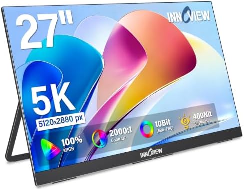 InnoView 27 Inch 5K Portable Monitor 5120x2880 60Hz UHD IPS HDR, Large Portable Monitor for Laptop USB-C HDMI DP Computer Display, Built-in Kickstand & Speakers, for MacBook Pro/Air, PC, Phone by InnoView