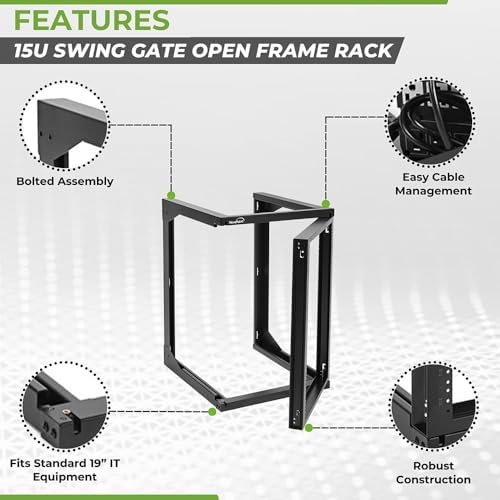 NavePoint 15U Server Rack with Swing Gate - Wall Mount Rack for 19 Inch IT Equipment Open Frame Rack – Network Rack Wall Mount for AV & Server Equipment 24” Deep 19" Rack, Black - Image 2