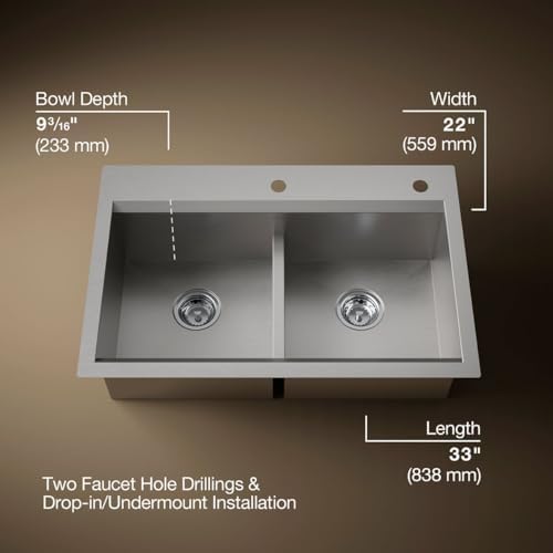 KOHLER 80085-2PC-NA Task™ 33" Smart Divide Top-/Undermount Double-Bowl Workstation Kitchen Sink, Includes Workstation Sink Accessories, Stainless Steel, 2 Faucet Holes - Image 3