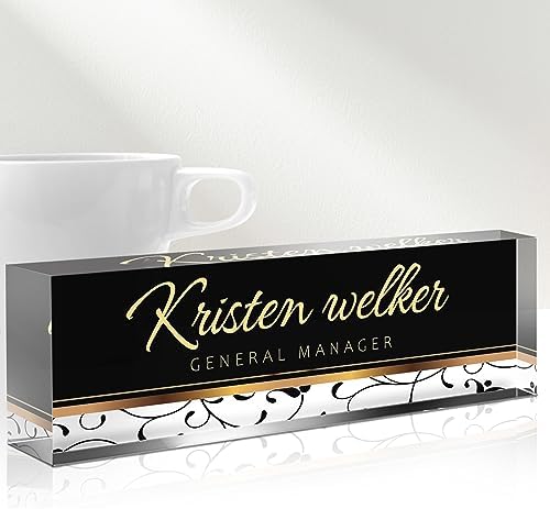 Desk Name Plate Personalized, Custom Name Plates for Desks, Personalized Acrylic Name Plate for Desk, Office Gifts for Coworkers, Boss, Teacher/Employee Appreciation Gifts (Black/Gold Stripe) by Gowelly
