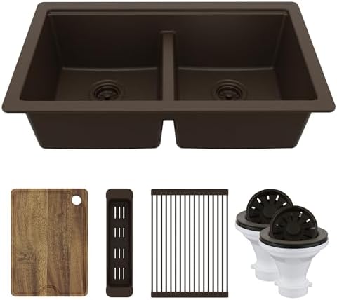 Karran 32.5 Inch Undermount Quartz Composite Workstation Kitchen Sink, 50/50 Double Bowl Low Divide with Color Matched Accessories, Cutting Board, Drying Mat, Colander & Strainers Brown by Karran