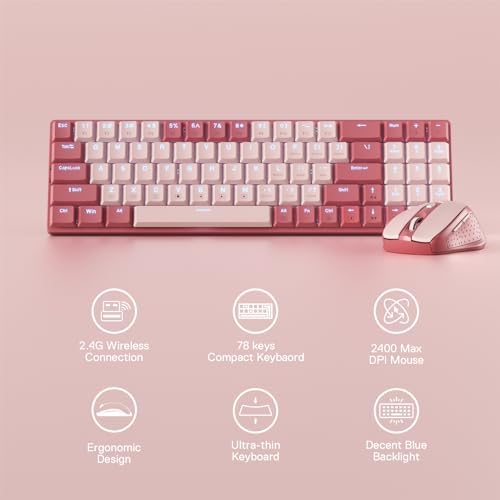 Redragon BS135 Wireless Keyboard and Mouse Combo, 75% 78 Keys 2.4Ghz Wireless Low-Profile Mechanical Keyboard w/Rechargeable Battery, Single Blue Blacklight, 2400 DPI Ergonomic Mouse - Image 2