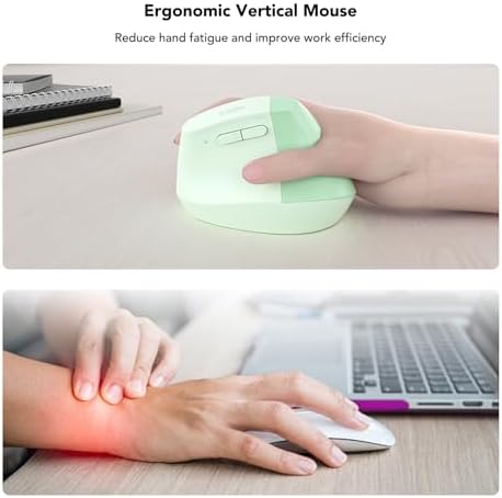 KYSONA EM18 Wireless Ergonomic Vertical Mouse, Ergo Design, Bluetooth Cordless Mouse for Medium/Large Hands, Silent Click, 5-Level Adjustable DPI, Carpal Tunnel Mice for Computer/PC/Mac/Laptop, Green - Image 3
