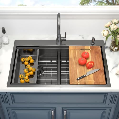 33 x 22 Black Kitchen Sink Drop In Double Bowl Stainless 50/50 Low Divide - Image 3