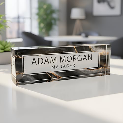 ARTBLOX Personalized Acrylic Desk Name Plate, Black Gold Marble Design by Artblox