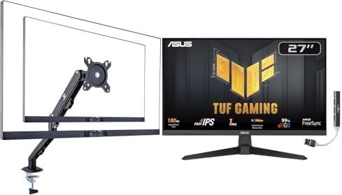 ASUS TUF Gaming 27" FHD IPS Monitor with 1ms Response Time, 180Hz Refresh Rate, Anti Glare, Flicker Free, VESA Mount (100mm), Displayport, HDMI, Black(VG279Q3A) w/DKZ Hub & ErgoFlexy Single Mount Arm by Unknown