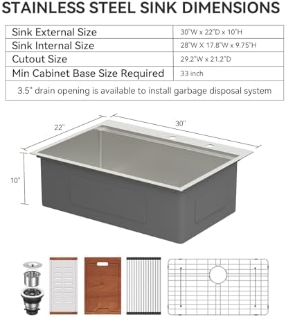 LORDEAR 30x22 Inch Drop In Kitchen Sink Stainless Steel Workstation Kitchen Sinks 16 Gauge Single Bowl Sink with Ledges 30 inch Topmount Kitchen Sinks Round Corners - Image 6