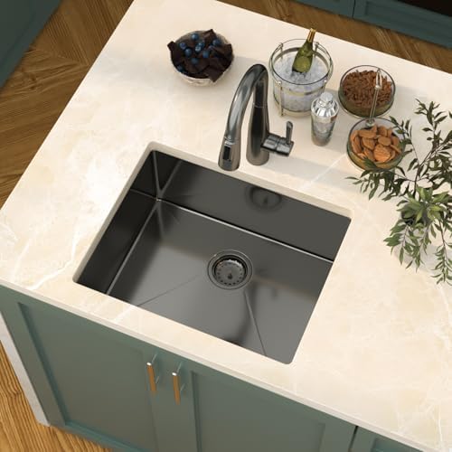 Mocoloo 22 Inch Gunmetal Black Undermount Bar Sink - 22" x 18" Small Kitchen Sink T304 Stainless Steel Handmade Single Bowl Round Corner Under Counter Wet Bar Sink for Kitchen Prep & RV - Image 4