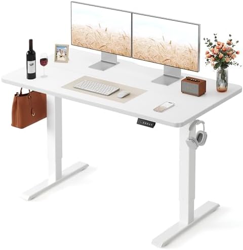 FEZIBO 55 x 24 Inchs Electric Standing Desk, Height Adjustable, Sit Stand Up, Computer Office Desk with Splice Board, White Frame/White Top by FEZIBO