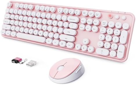 Wireless Keyboard and Mouse Combo, Ergonomic Full Size Typewriter Retro Round Keycaps Keyboard, Compatible with Windows, PC, Perfer for Home and Office Keyboards (Lovely Pink) by SkyGive