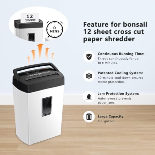 Bonsaii Heavy-Duty Shredder, Up to 12 Sheets, P-4 high Security, Credit Cards, Mail, & Staples, 5.5-Gallon bin with a Transparent Window, Suitable for Heavy-Duty use in Home Offices, White & Black - Image 4
