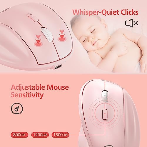 Micropack Wireless Bluetooth Mouse Ergonomic Vertical for Laptop MacBook PC Tablet Rechargeable Silent Click Multi-Device 3-Mode 2.4G Adjustable DPI Compatible with Windows Android iOS MacOS Pink - Image 5