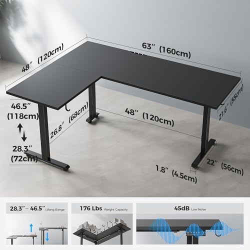 Agilestic L Shaped Standing Desk 63 inch Adjustable Height, Electric Corner Standing Desk, Sit Stand Computer Table with Splice Board, Black - Image 3