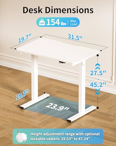 Okin Electric Standing Desk 31.5x19.7 Inches Small Computer Desk-Whole Piece Stand up Desk with Wheels Gaming Rolling Home Office Desks, White - Image 2