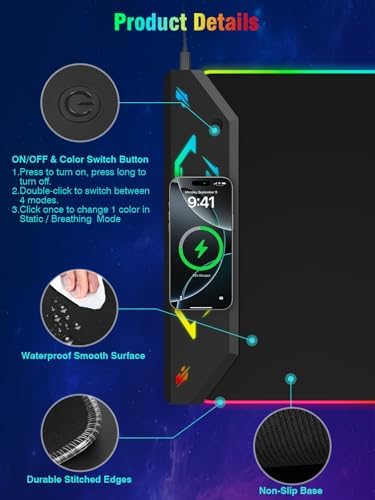 Gaming Mouse Pad RGB, 35"x15.8" Large Keyboard Desk Mat with Magnetic Wireless Charging for iPhone, 24 Light Effects, Non-Slip Base, Waterproof Ultra-Smooth Surface, with Adapter, Black - Image 4