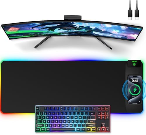 Wireless Charging Mouse Pad, 31.5"x11.81" XL Gaming Mousepad with 11 RGB Colors & 5 Lighting Modes, Home Office Large Desk Pad, Ultra-Smooth Surface, Non-Slip, Waterproof Keyboard Pad Black Desk Mat by miroddi