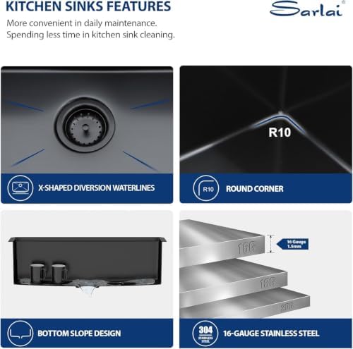 Sarlai 32 Matte Black Undermount Kitchen Sink Workstation Sinks 32x19 Inch - Image 5