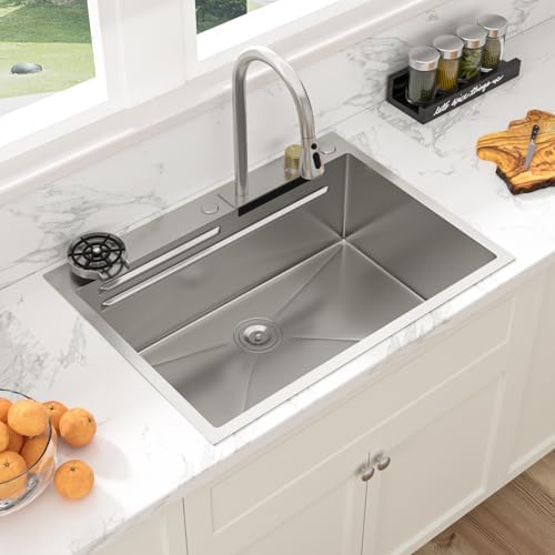 Sarlai 28 Inch Waterfall Kitchen Sink Drop In - 28x22 Waterfall Drop Workstation Stainless Steel 16 Gauge Multifunction Single Bowl Smart Top Mount Kitchen Sink with Faucet Combo - Image 2