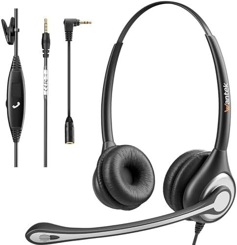 Wantek Cell Phone Headset with Microphone Noise Cancelling for Laptops, PC,3.5mm Jack,Volume Control,Wired Computer Headsets for Zoom Skype,for Office,Business, Call Center, Clear Chat（Dark Black） by Wantek