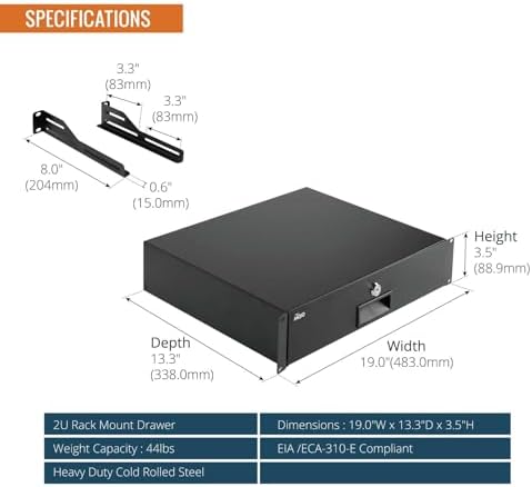 Tecmojo 2U Rack Drawer,Rack Mount Drawer for 19in Network Equipment/Server/AV Rack or Cabinet Enclosure,Sliding and Lockable Server Rack Drawer - Load-Bearing 44lb (20kg),with Cable Management Holes - Image 2