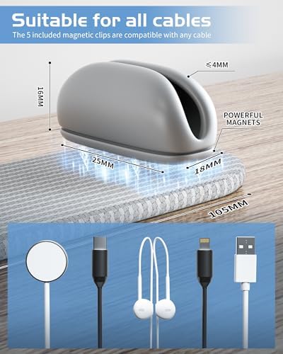 5-Pack Magnetic Cable Clips Cord Organizer - Smoothly Adjustable, Puretor Desk Cable Management Clips. Ideal Wire Holders for Desktop, Nightstand, Wall - Perfect for Home Office, Phone, Car (Grey) - Image 4